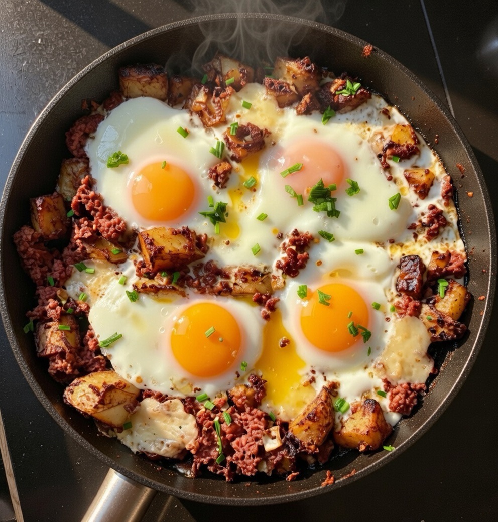 Easy Corned Beef Hash with Baked Eggs and Cheese | Comfort Food&nbsp;Recipe