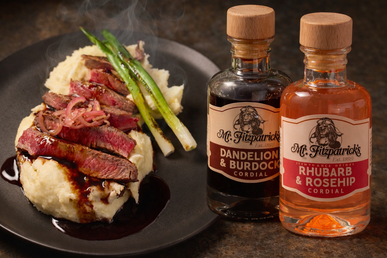 Steak with Dandelion & Burdock Glacé, Potato Purée & Charred Spring Onions (Restaurant-Style Recipe)