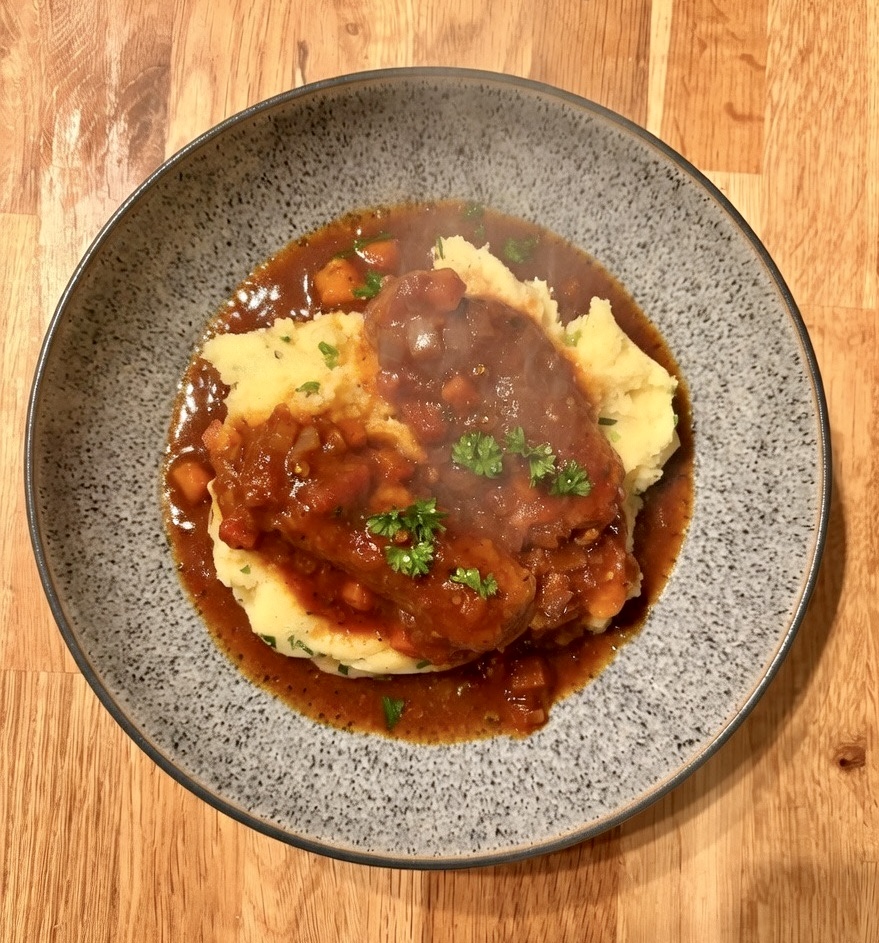 Smoky Fresh Tomato Sausage Casserole with Garlic Mash