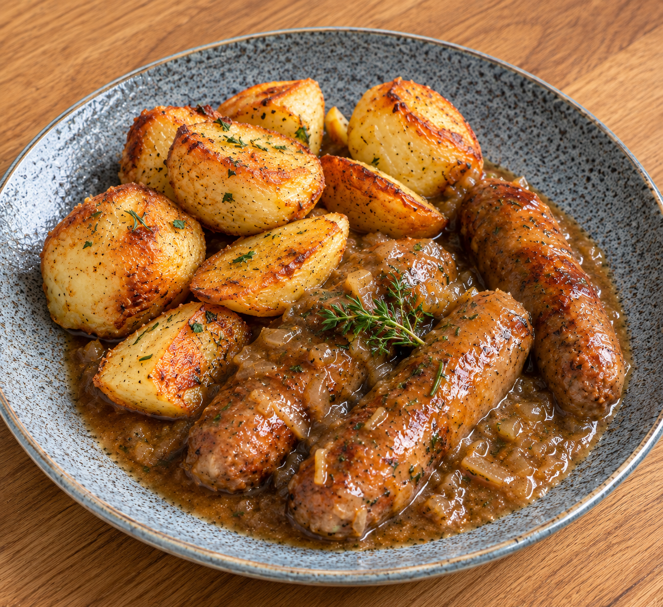 Herby Pork Sausage Casserole with Crispy Roast Potatoes